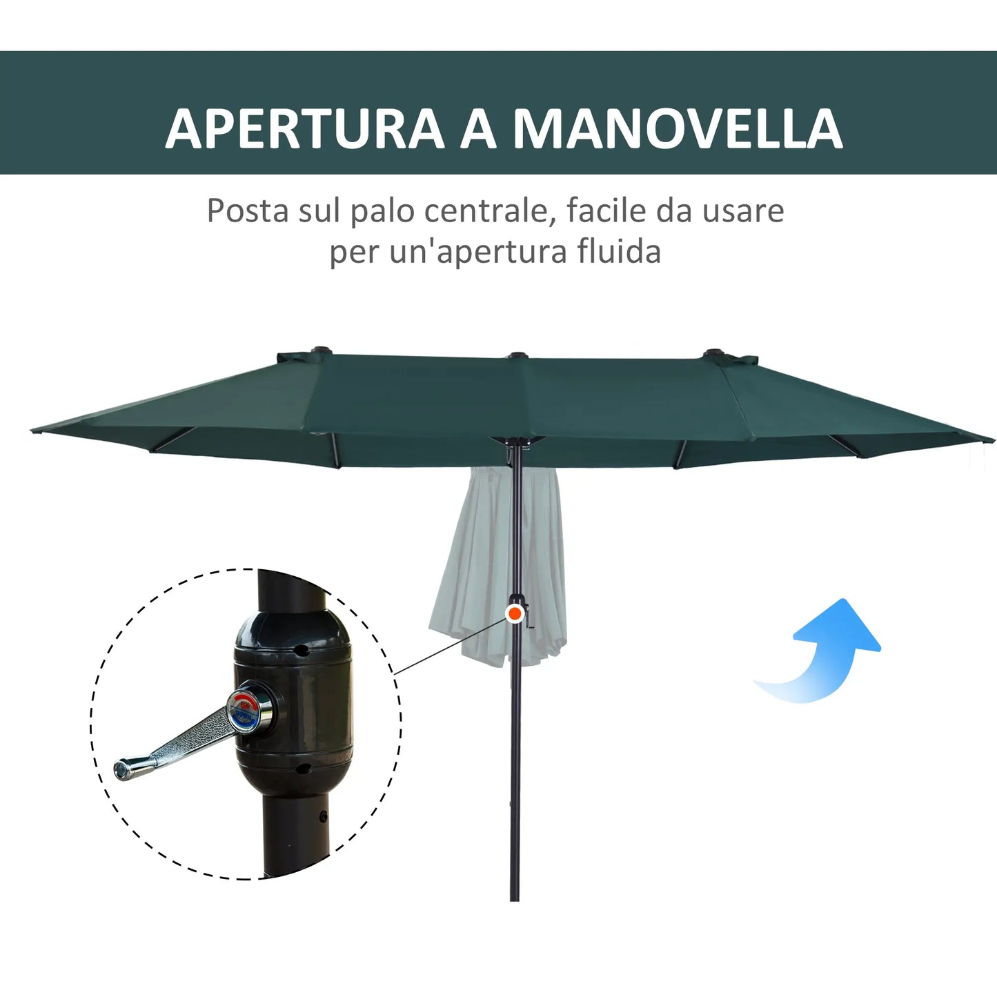 Double Garden Umbrella with Crank Opening, in Steel and Polyester, 455x265x238cm, Dark Green