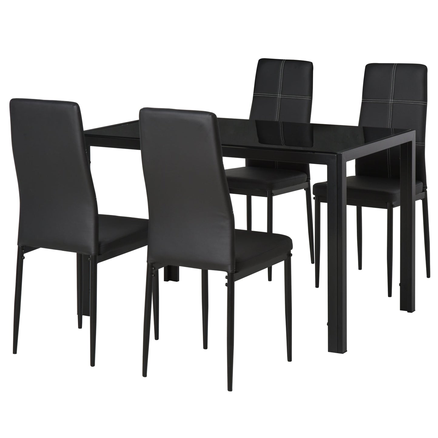 5 Piece Dining Table and 4 Chairs Set for Kitchen or Dining Room in Faux Leather, Metal and Tempered Glass, Black