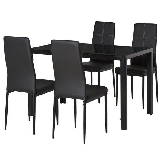 5 Piece Dining Table and 4 Chairs Set for Kitchen or Dining Room in Faux Leather, Metal and Tempered Glass, Black