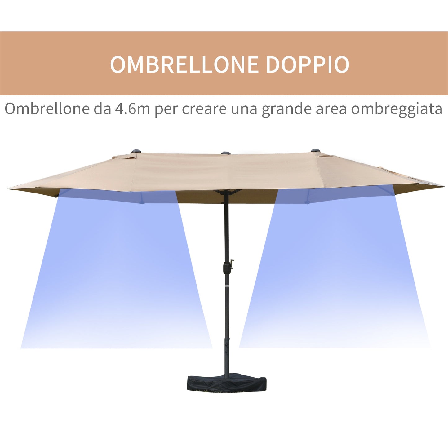Double Garden Umbrella 460x270cm, Outdoor Umbrella with Crank Opening, Cross Base and Ballast, Steel and Khaki Polyester