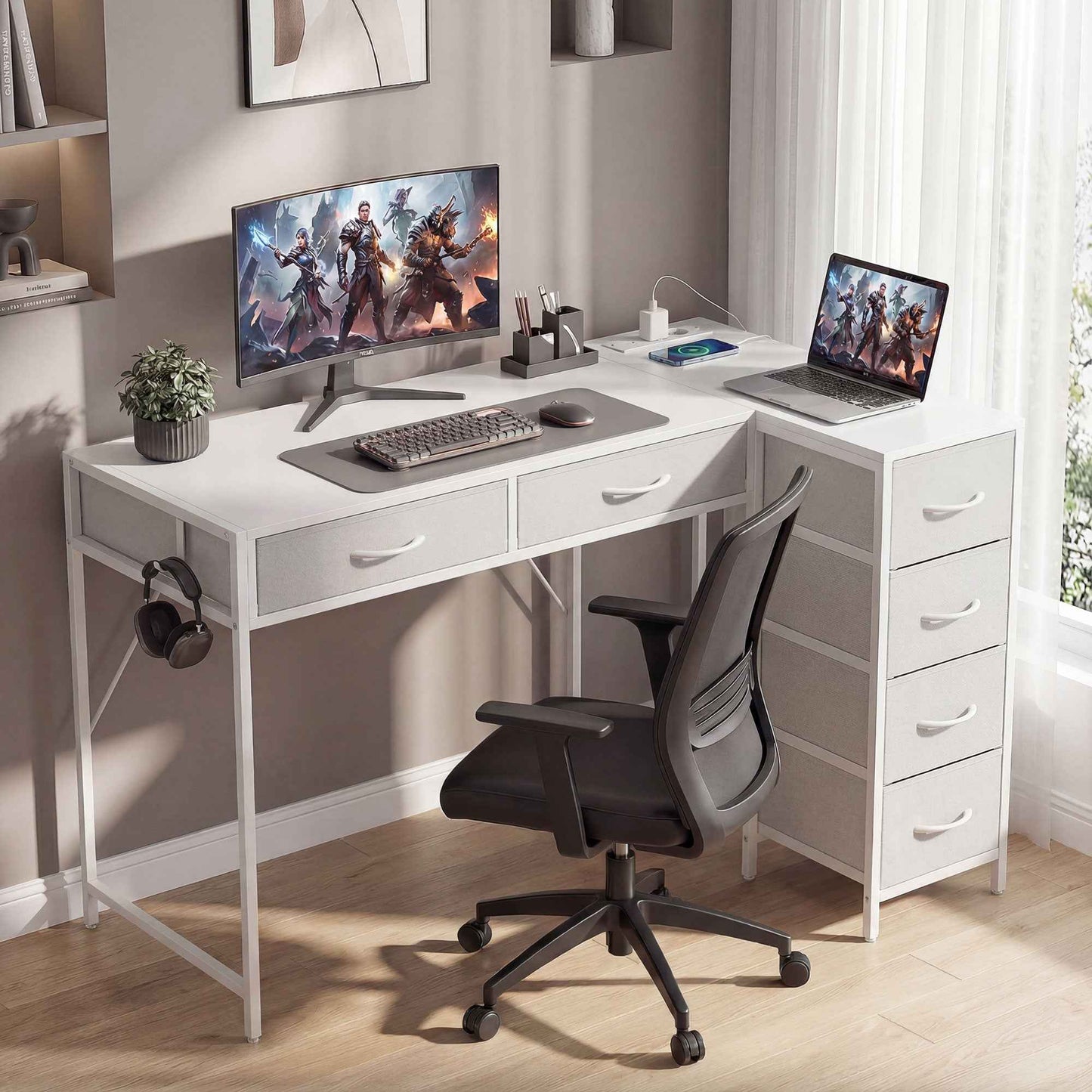 Corner Desk with 6 Drawers, Side Hook and Integrated Sockets, Wood and Steel, 126x48x80 cm, White