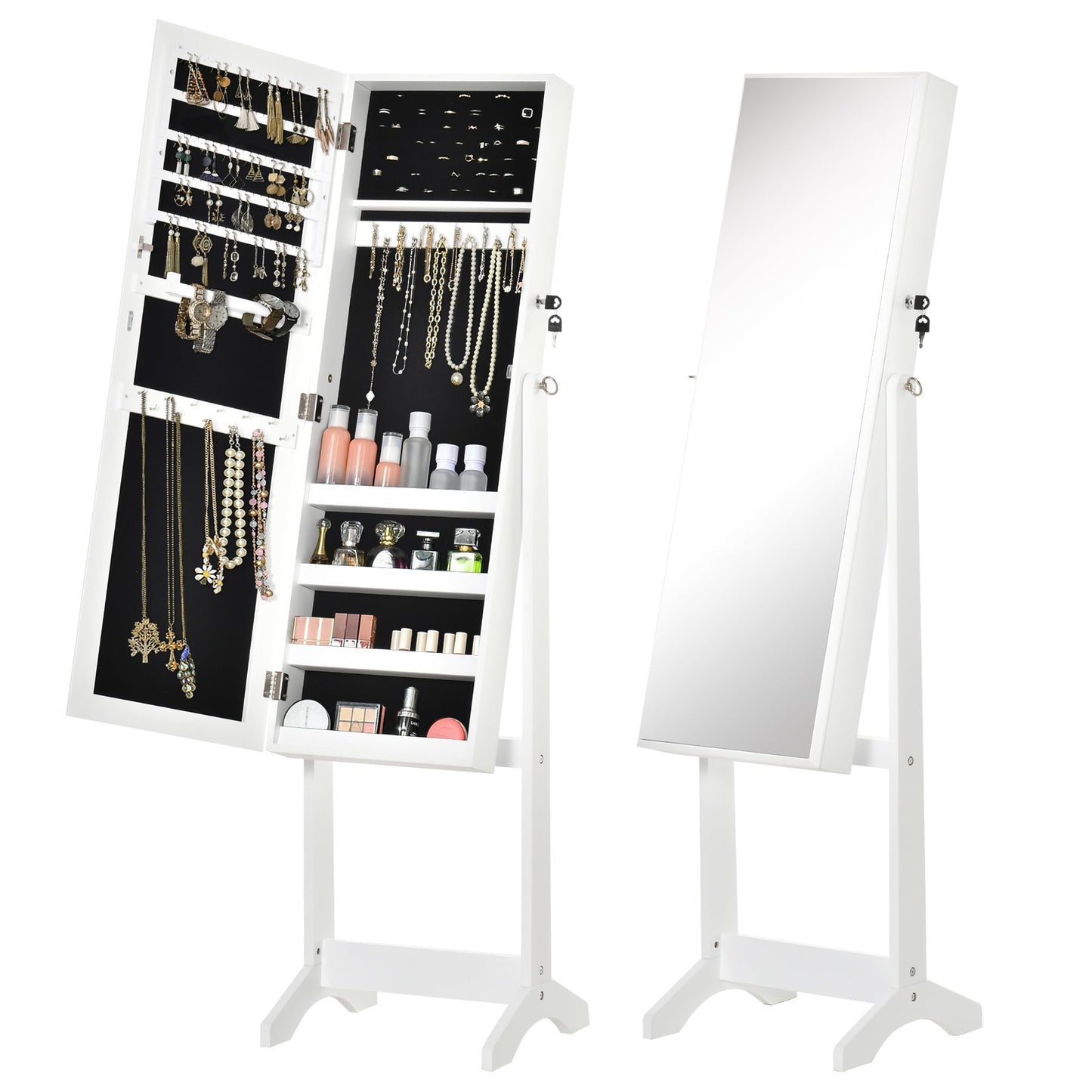 Lockable Jewelry Cabinet with Mirror and Organizer for Rings, Necklaces and Earrings, White