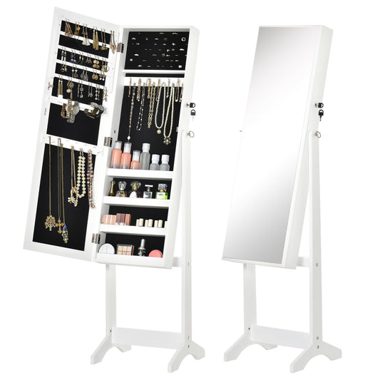 Lockable Jewelry Cabinet with Mirror and Organizer for Rings, Necklaces and Earrings, White