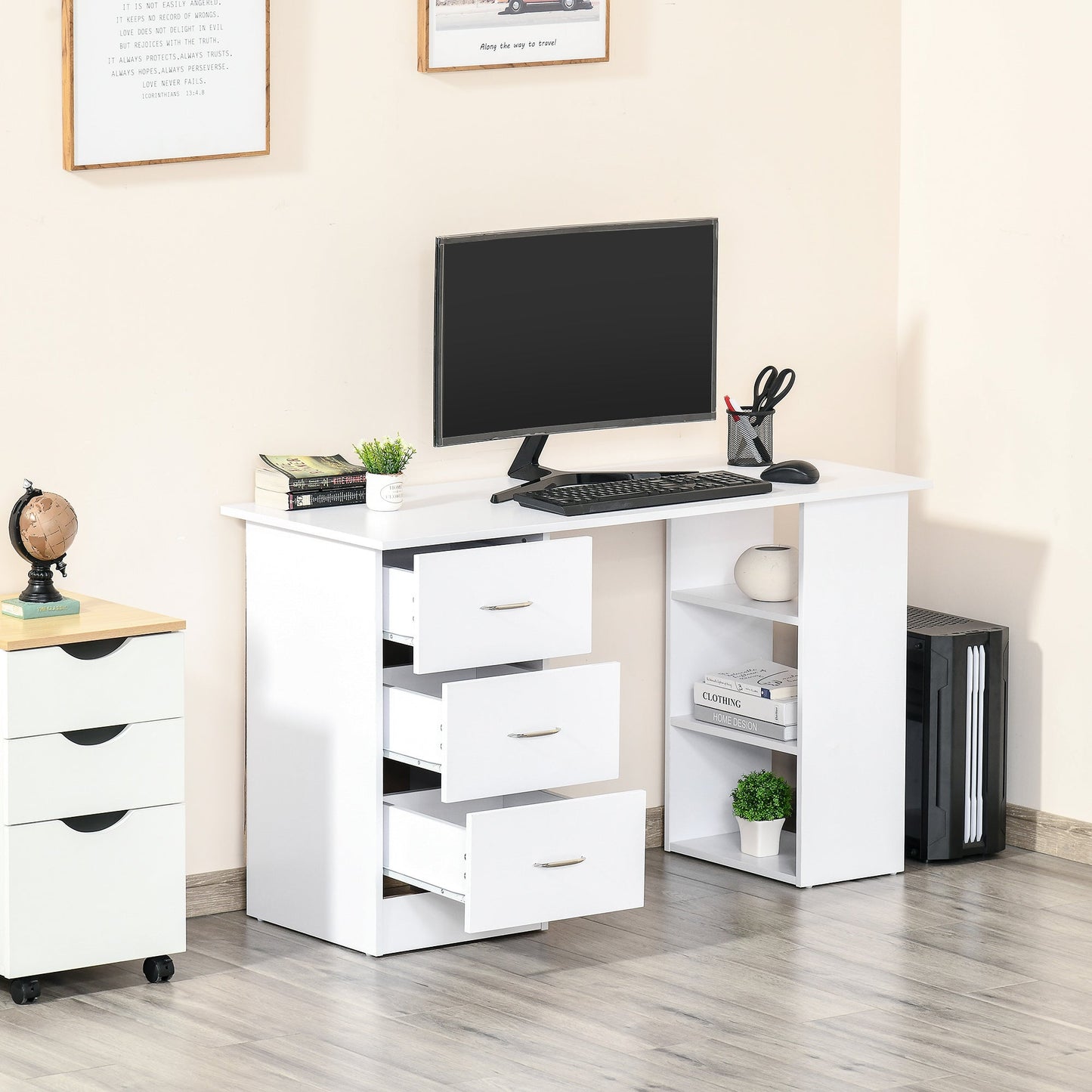 Computer Desk with 3 Drawers and 3 Shelves, Wooden Desk for Bedroom and Office 120x49x72cm White