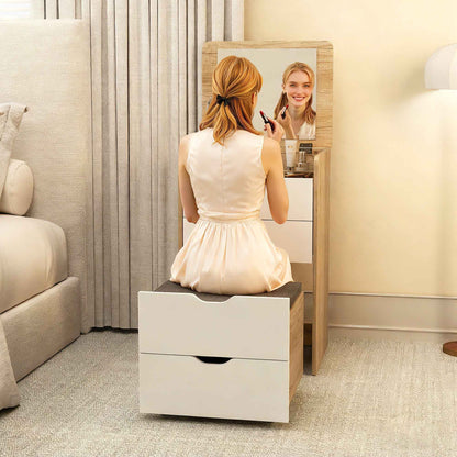 3-in-1 Dressing Table with Mirror, Storage, 2 Drawers and Stool, Wooden, 50x40x78 cm, White and Oak