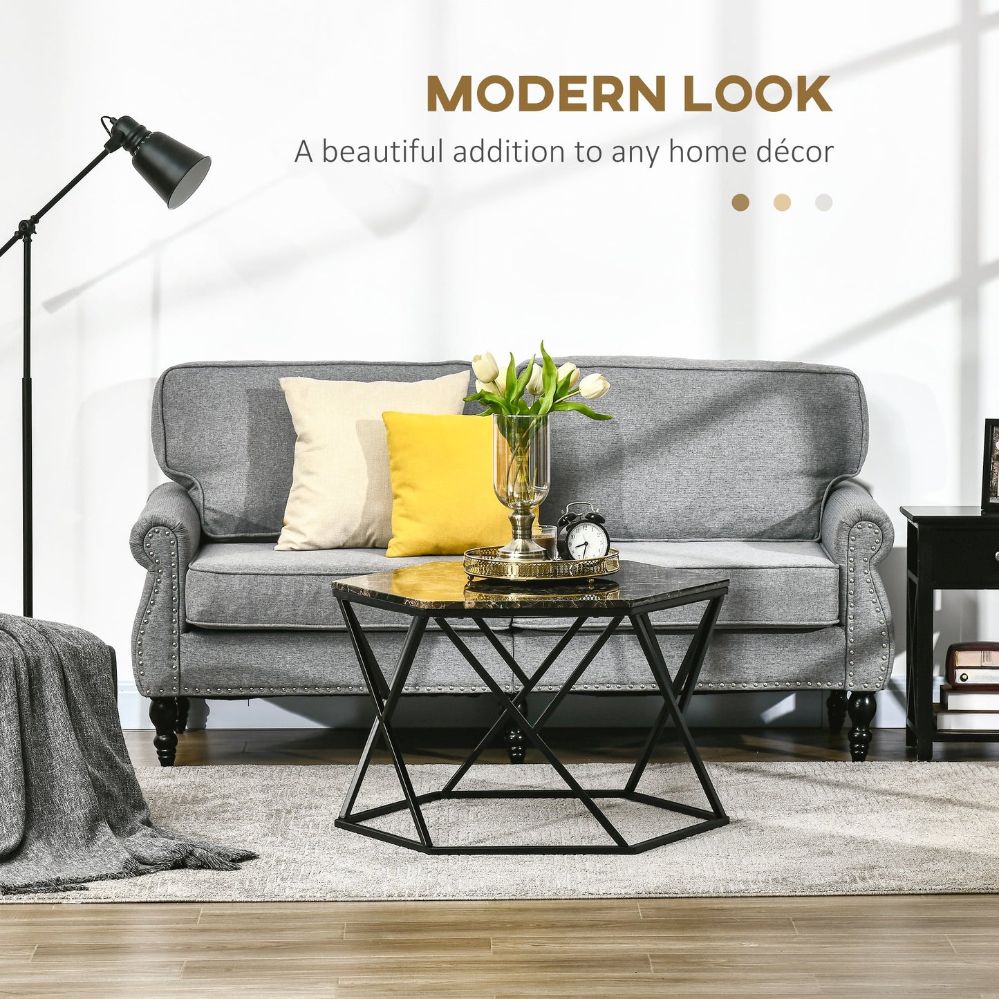 Modern Living Room Table with Marble Effect and MDF and steel structure, 81x70x51.2 cm, Black