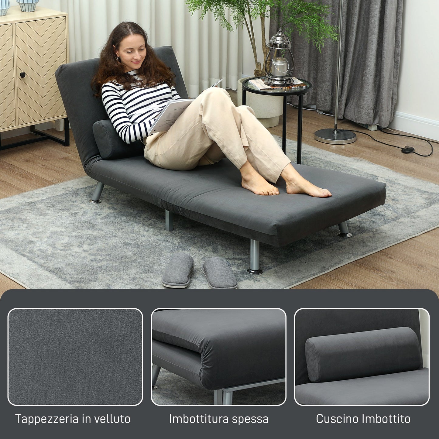 3-in-1 Sofa Bed with Adjustable Backrest and Linen-Effect Fabric Cushion, Dark Grey