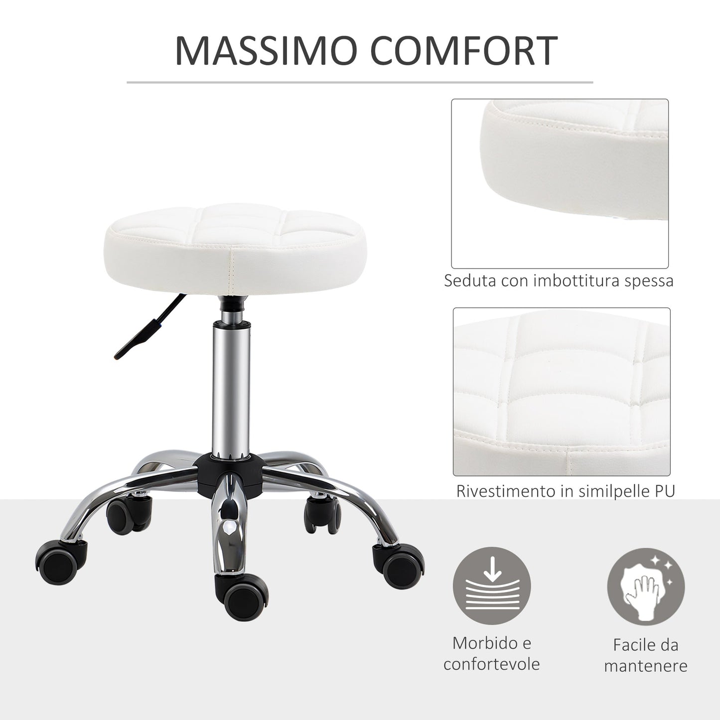 White Beauty | Tattoo Round Swivel Stool with Wheels, Adjustable Height and Eco Leather Cover, Black
