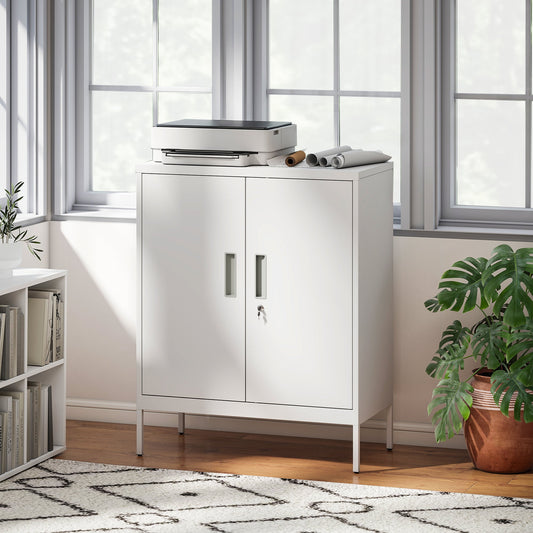 2-Tier Adjustable Steel Office Cabinet with Lock and 2 Keys, 80x40x100cm, White