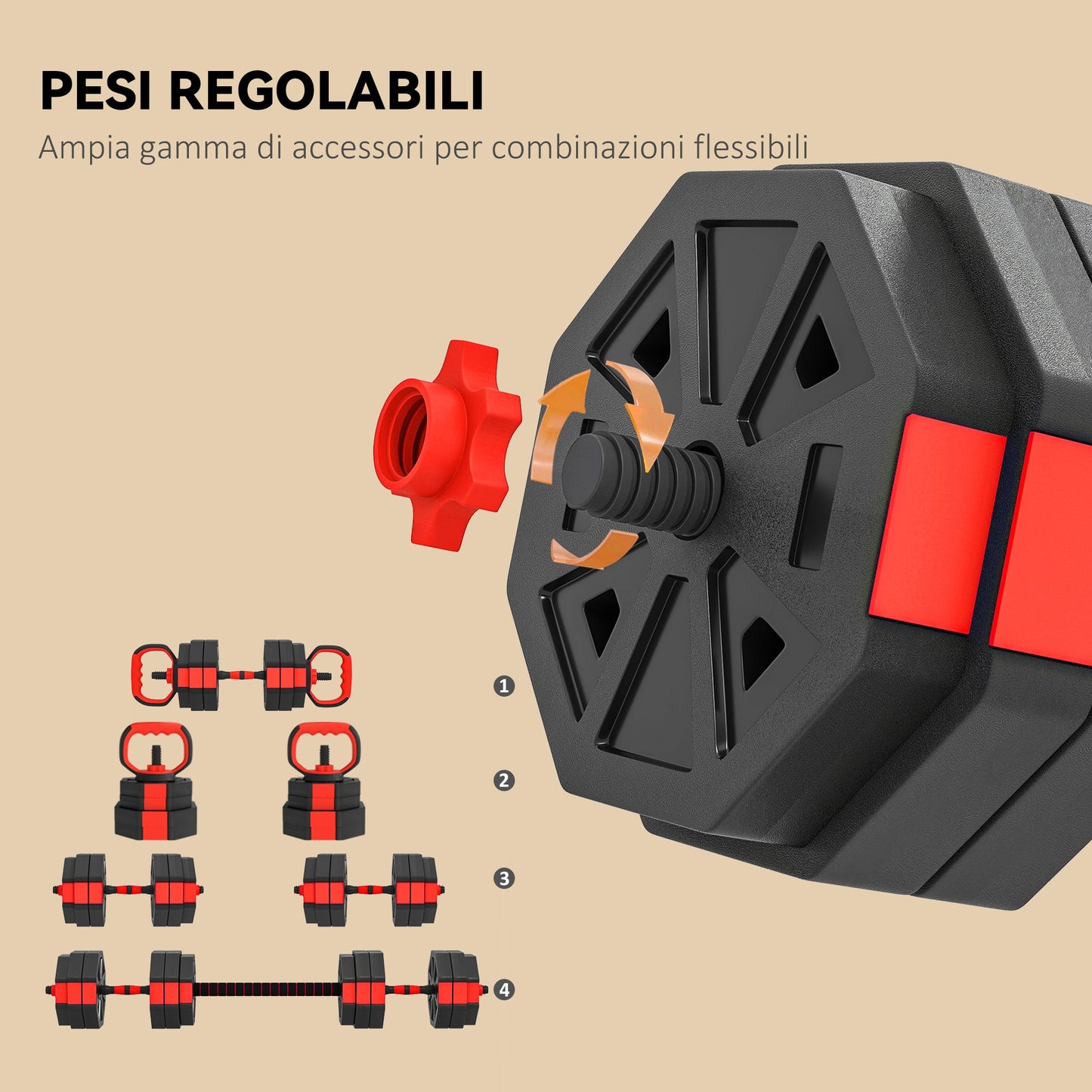 4-in-1 30kg Gym Weight Set, Convertible to Kettlebell, 2 Dumbbells, Barbell and Push-Up Stand, Red