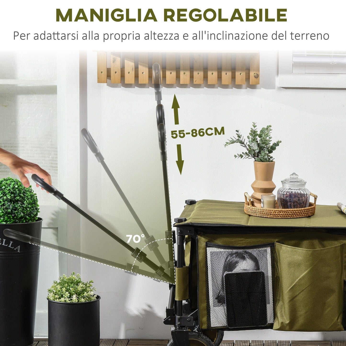 125L Folding Garden Cart with Handle and 5 Bags, 108x55x93 cm, Green