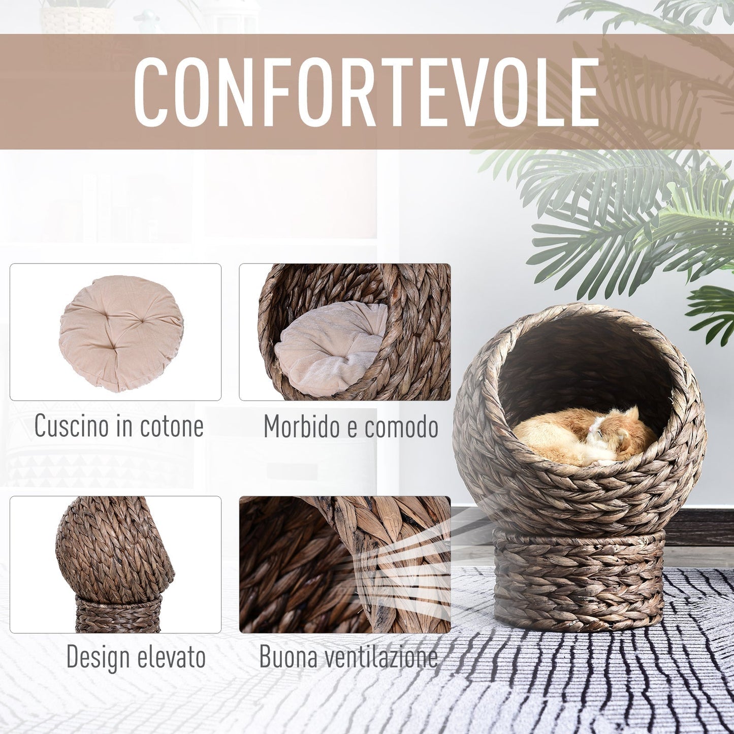 Raised Cat Bed with Cushion, Natural Banana Leaf House, Beige and Brown, 42x33x52cm