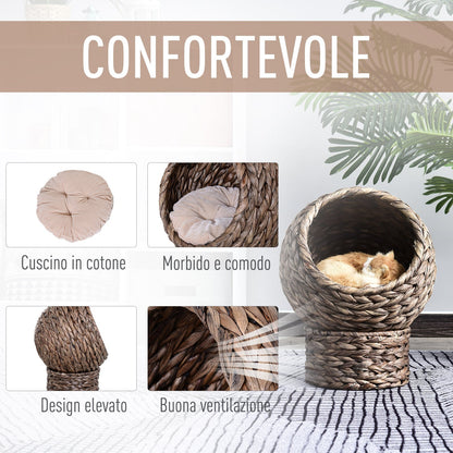 Raised Cat Bed with Cushion, Natural Banana Leaf House, Beige and Brown, 42x33x52cm