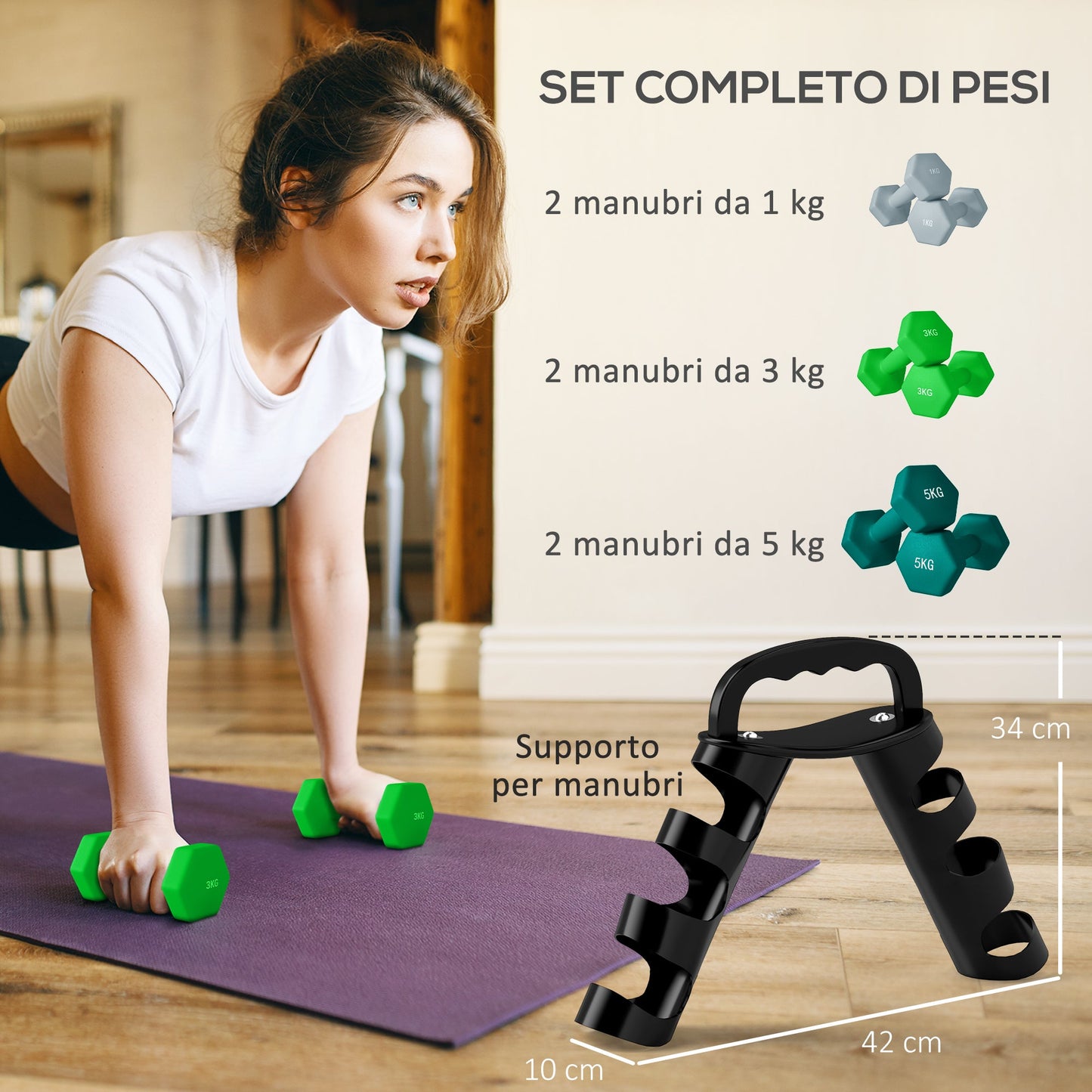 Dumbbell Set with Stand, 3 Pairs of Weights: 2 x 1 kg, 2 x 3 kg, 2 x 5 kg, Multicolored