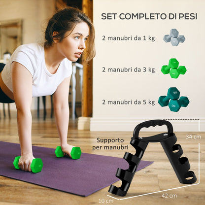 Dumbbell Set with Stand, 3 Pairs of Weights: 2 x 1 kg, 2 x 3 kg, 2 x 5 kg, Multicolored