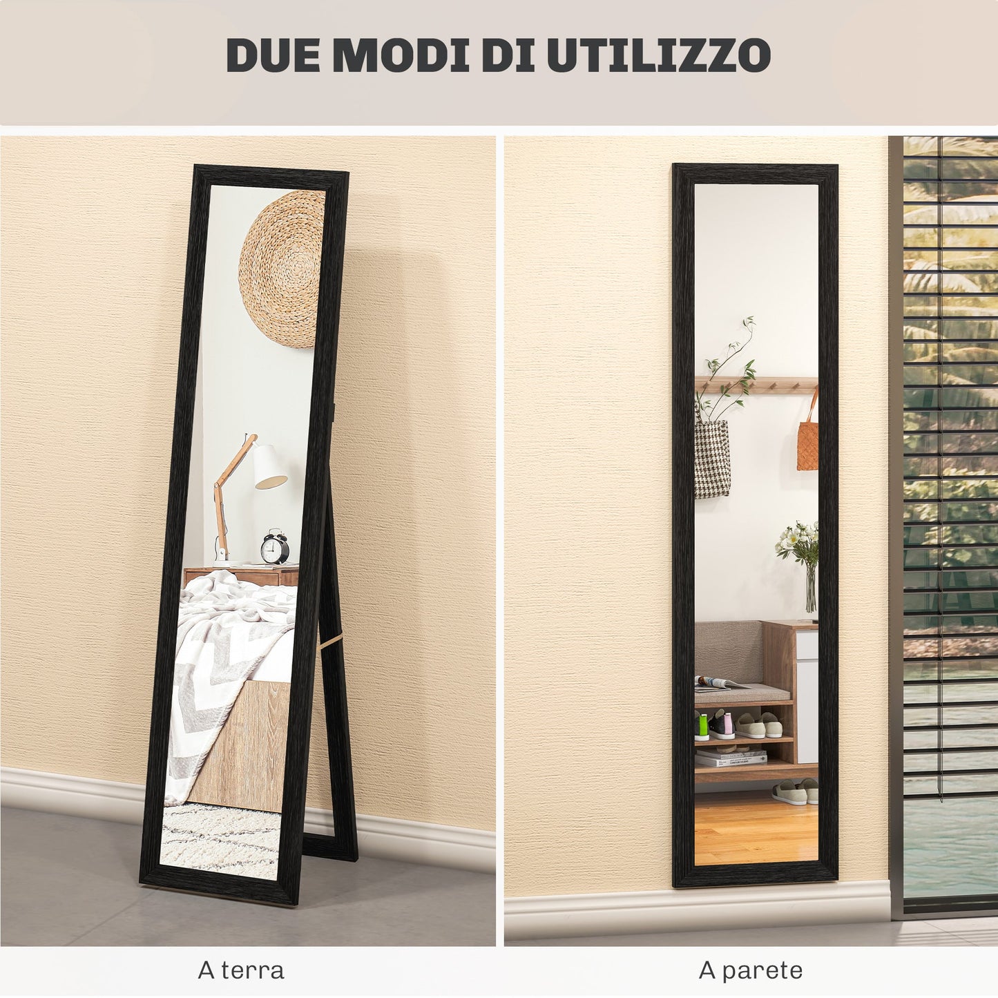 Wall and Freestanding Mirror with MDF Frame for Entrance, Living Room and Bedroom, Black