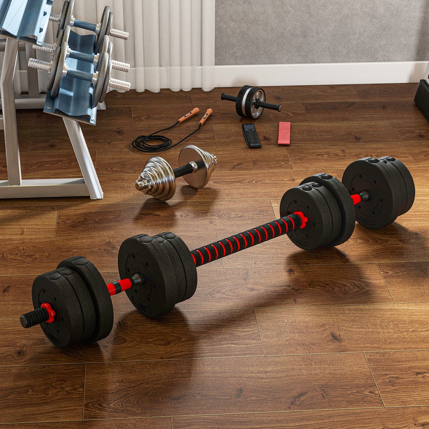 Set of 2 Non-Slip Dumbbells with 12 Weight Discs of 20 kg Total and Connector, in Steel, HDPE and Sand, Black