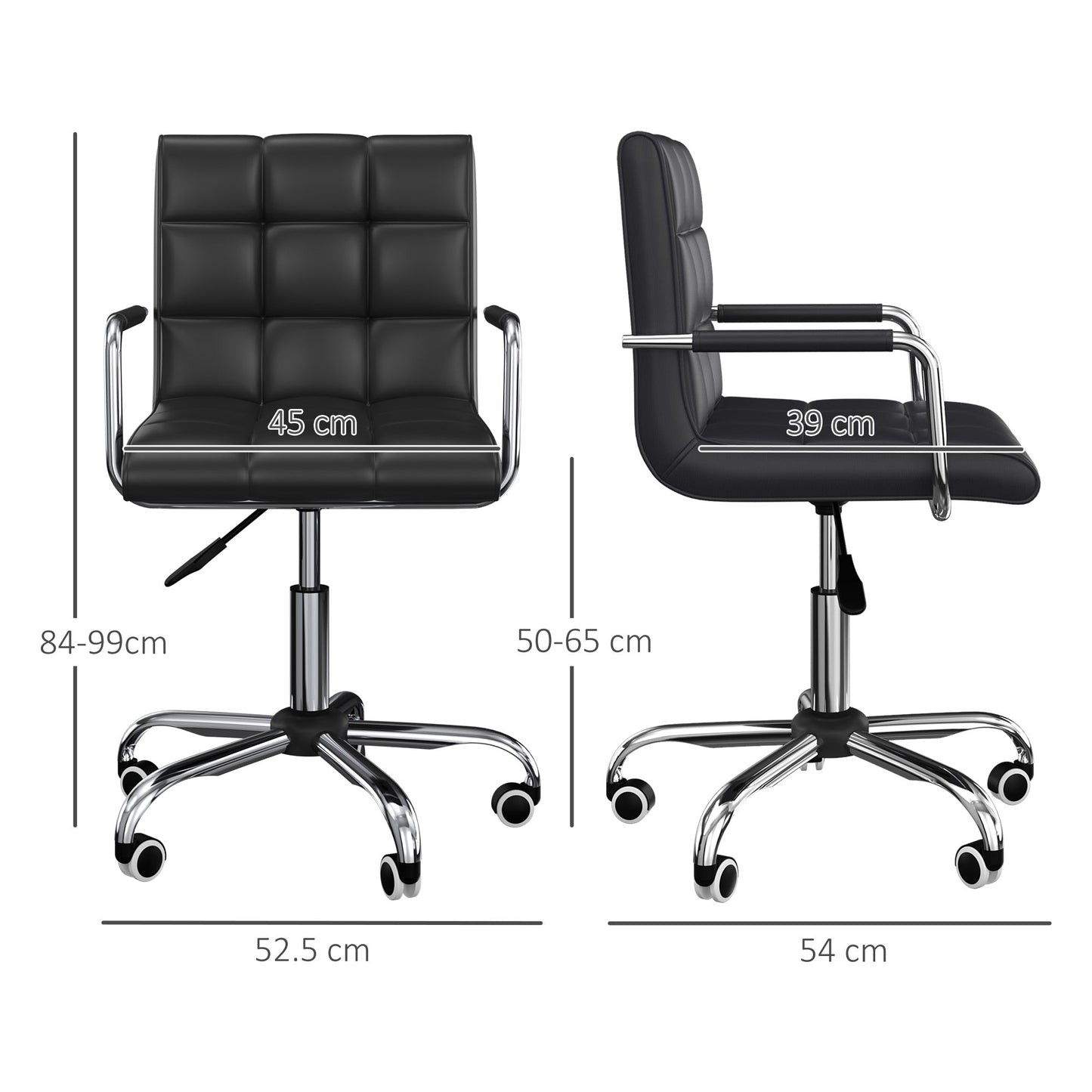 Ergonomic Office Chair in Black PU Leather, Study Chair with 5 Swivel Wheels, Padding and Adjustable Height, 52.5x54x84-99cm
