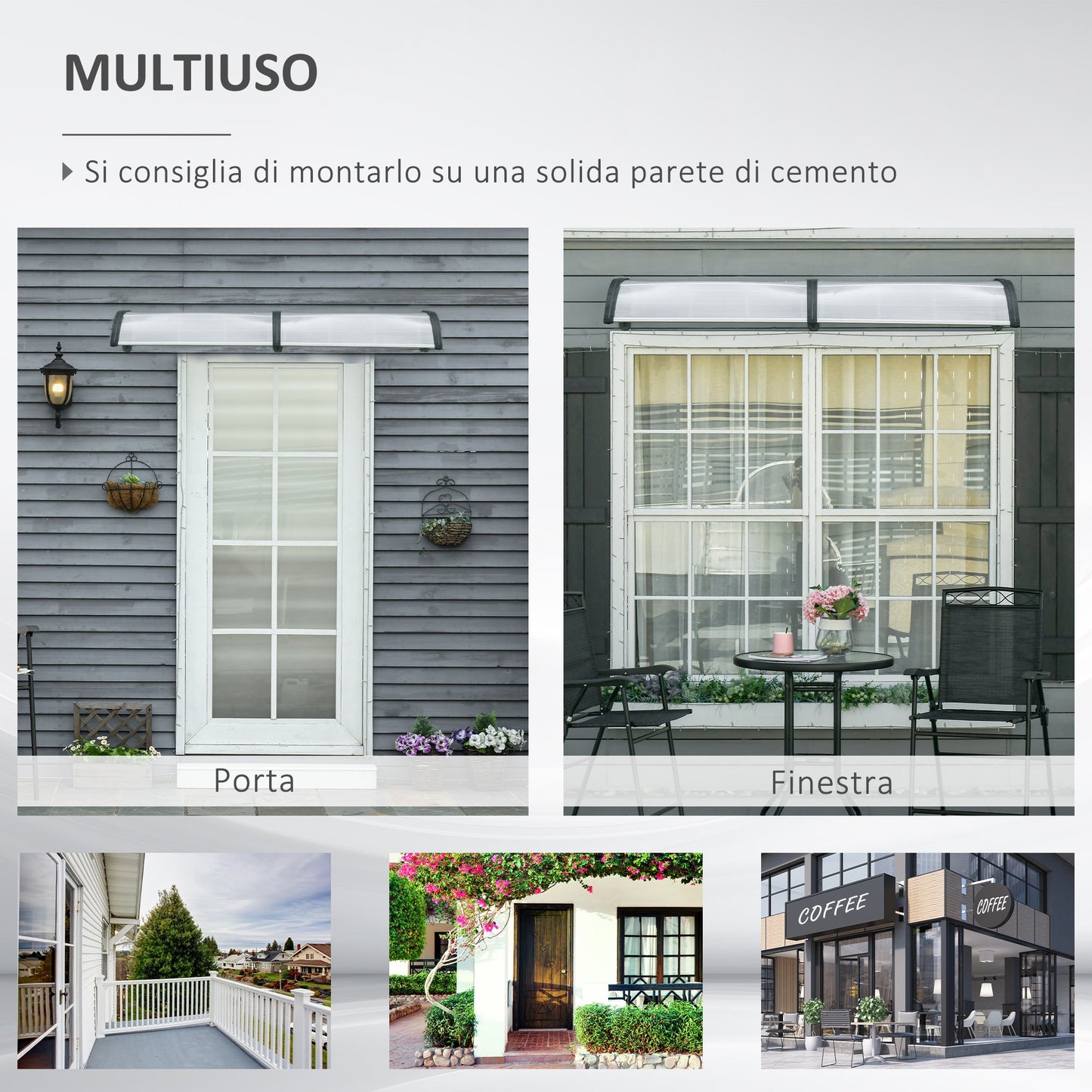 Modern Canopy in Polycarbonate, Aluminum and PP for Balconies, Windows and Doors, 200x96x27 cm