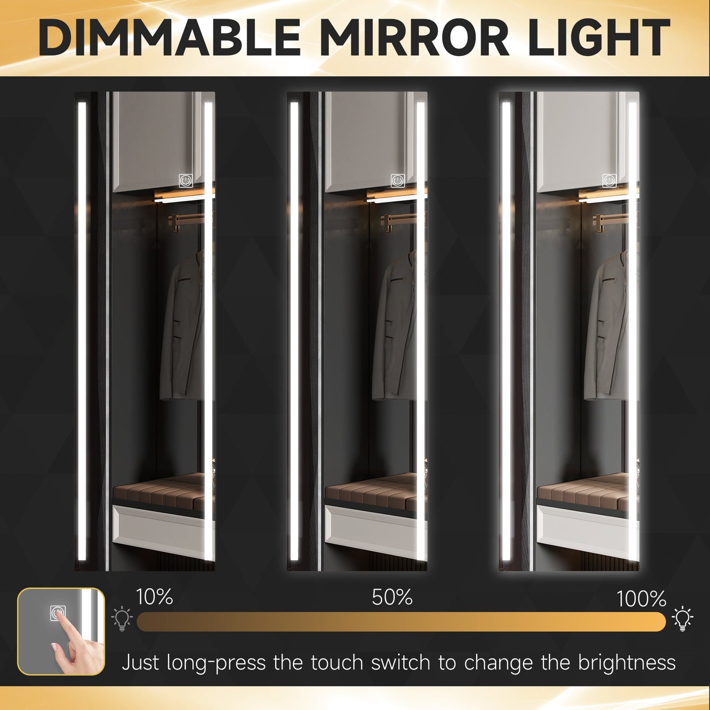 Rectangular Wall Mirror with Adjustable LED Lights and Touch Switch, 40x120cm