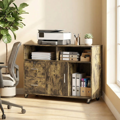 Wooden Printer Stand with Wheels, 2 Drawers, 3 Shelves, and 2 Cabinets, 100x35x65 cm, Brown