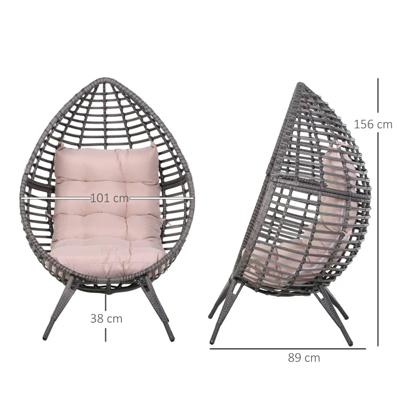 DROPPA | Boho Teardrop Rattan Outdoor Lounge Chair with Cushion, 101x89x156cm Grey and Beige
