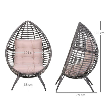 DROPPA | Boho Teardrop Rattan Outdoor Lounge Chair with Cushion, 101x89x156cm Grey and Beige