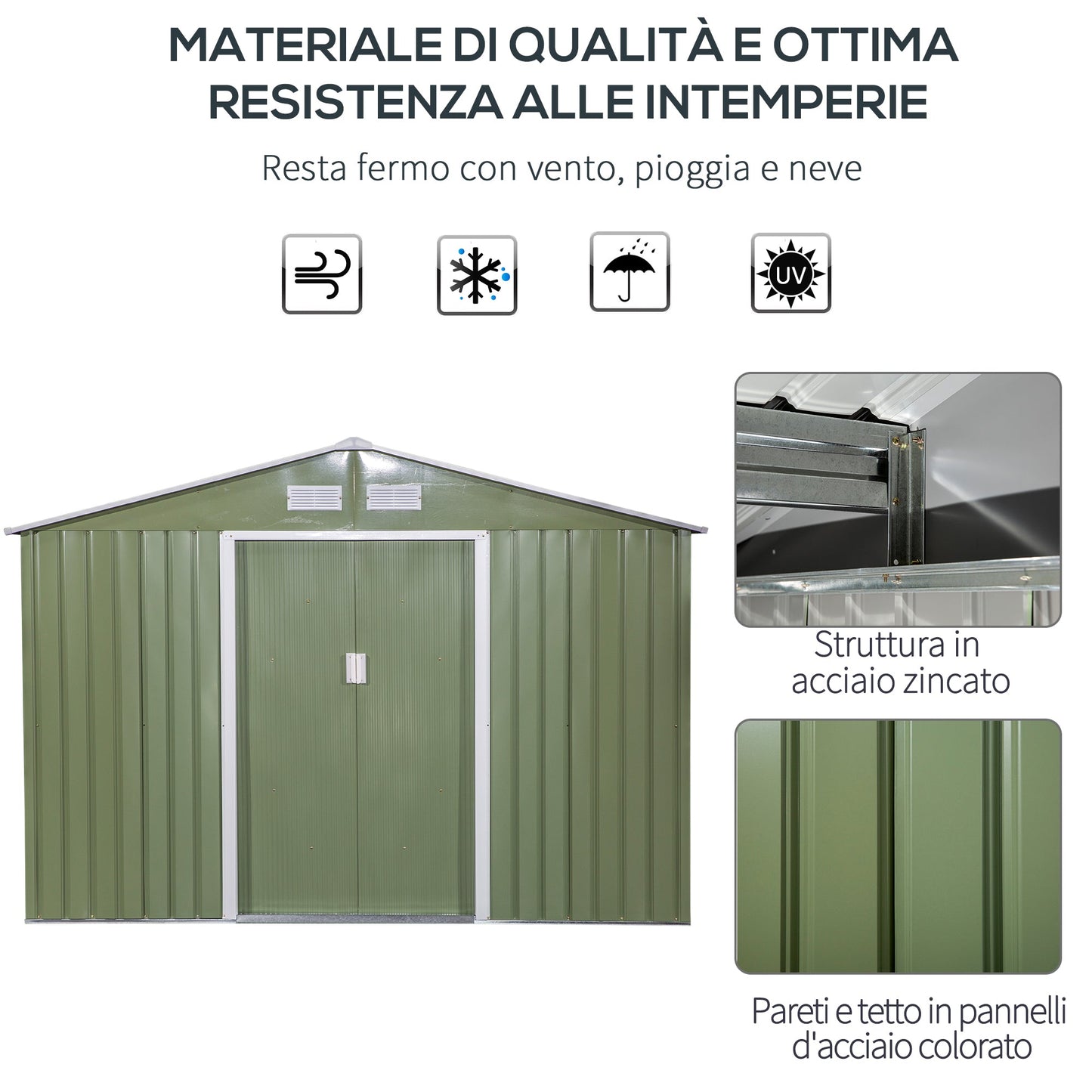 Garden Shed with 2 Sliding Doors and 4 Air Vents in Steel, 277x195x192cm, Light Green