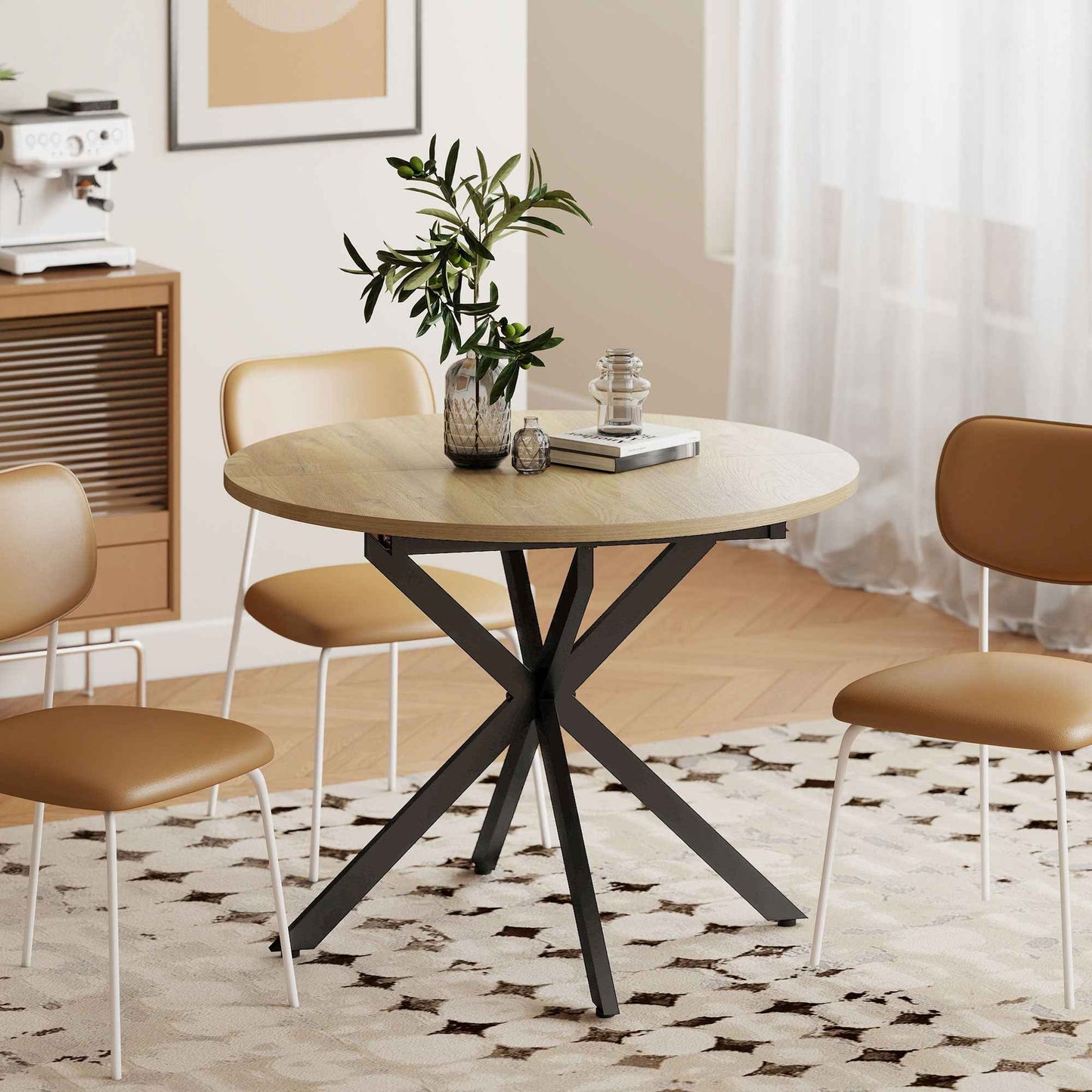 Industrial Dining Table for 4-6 People with Round Drop-Leaf Top, in Wood and Steel, 135x100x75 cm