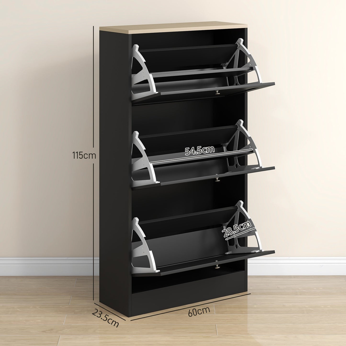 Space-saving 3-drawer shoe rack with adjustable shelves on 2 levels, in wood, 60x23.5x115 cm, Black