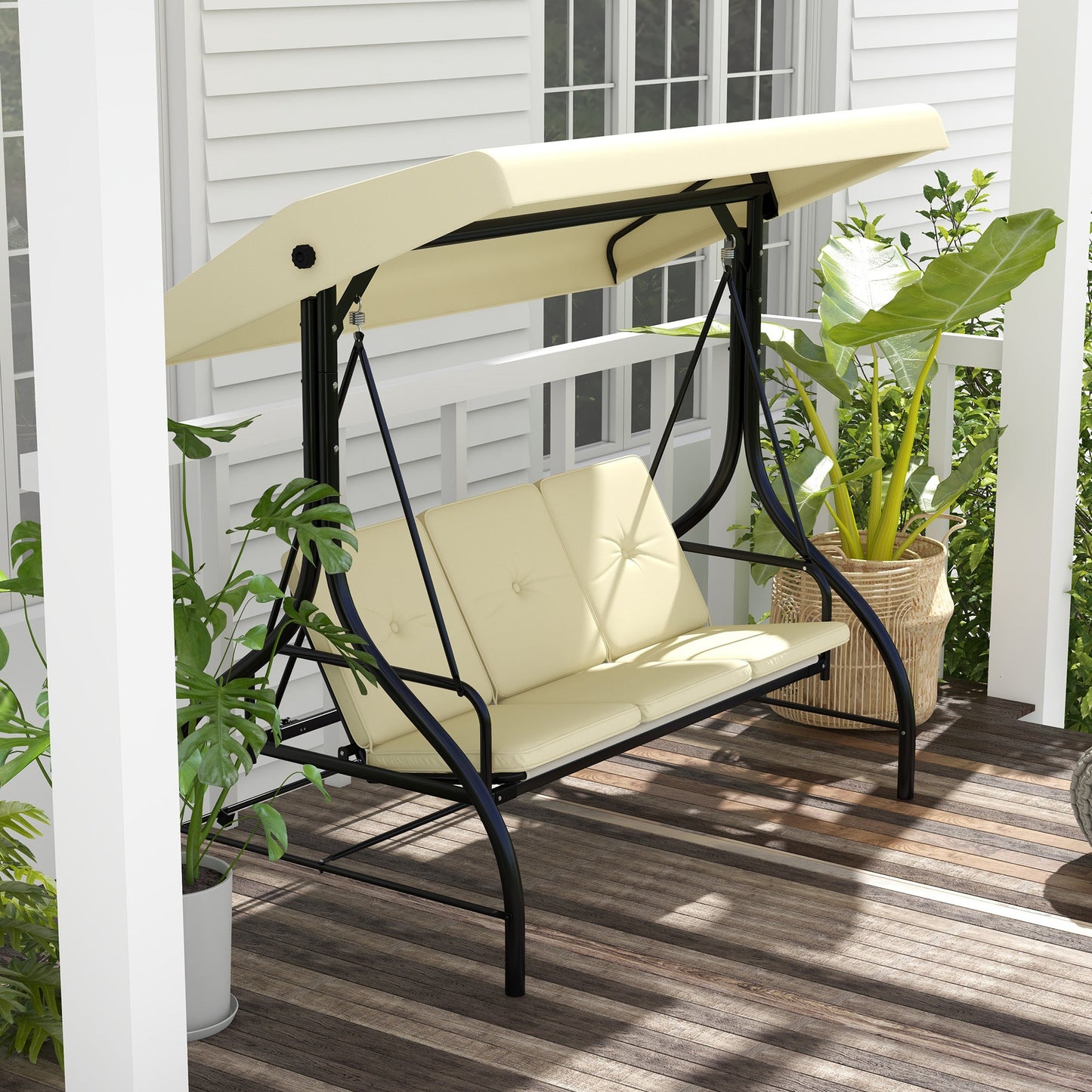 3 Seater Garden Swing with Adjustable Canopy, Metal and Teslin Fabric, Beige and Black