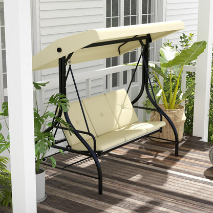 3 Seater Garden Swing with Adjustable Canopy, Metal and Teslin Fabric, Beige and Black
