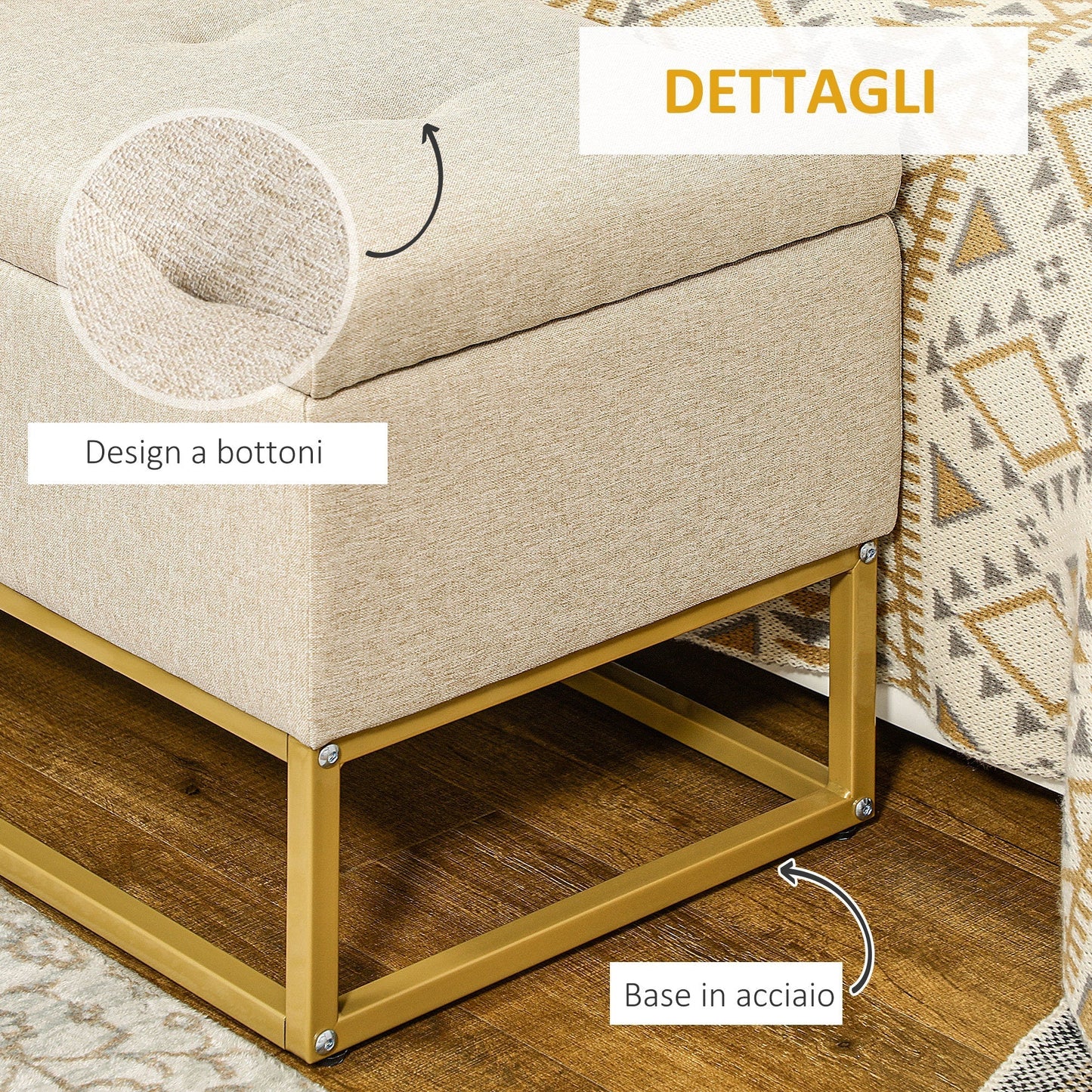Quilted Polyester Storage Bench with Gold Steel Legs, 110x44x48cm, Beige