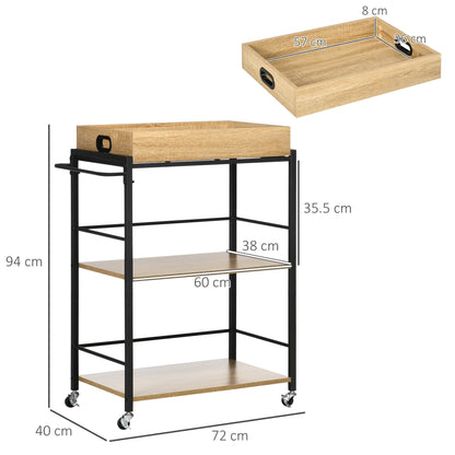 3-Tier Kitchen Cart with Removable Tray and Swivel Wheels, 72x40x94cm, Wood and Black