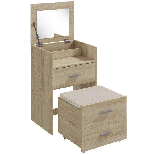 Dressing Table with Folding Mirror, Drawers and Stool, in Wood and Linen Effect Fabric, Wood Color