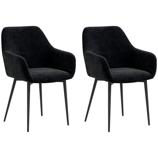 Set of 2 Modern Dining Chairs with Armrests, Padded Seat and Steel Legs, 54x57x80cm, Black