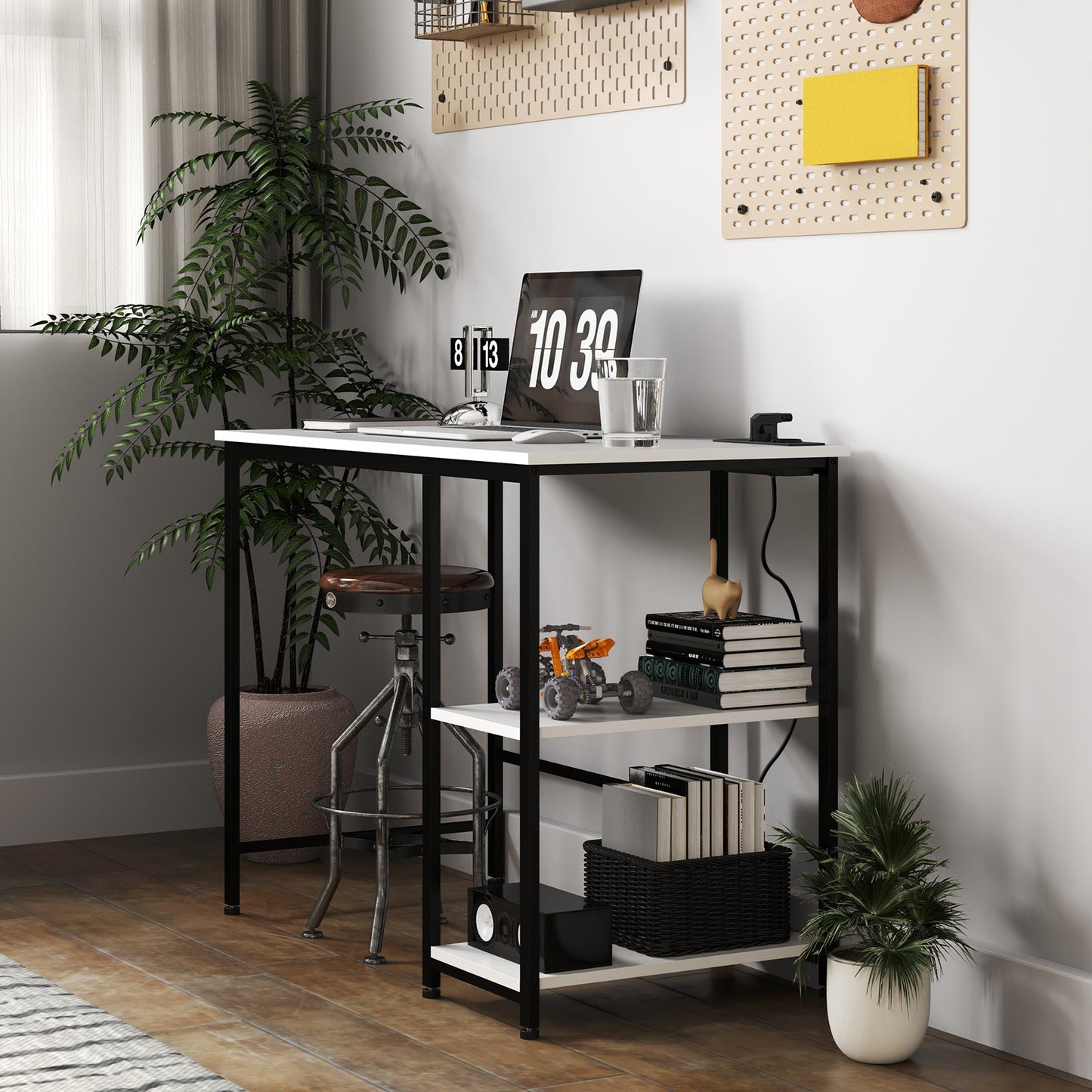 Desk with 2-Tier Bookshelf and Charging Sockets, in Wood and Metal, 100x50x75 cm, White and Black