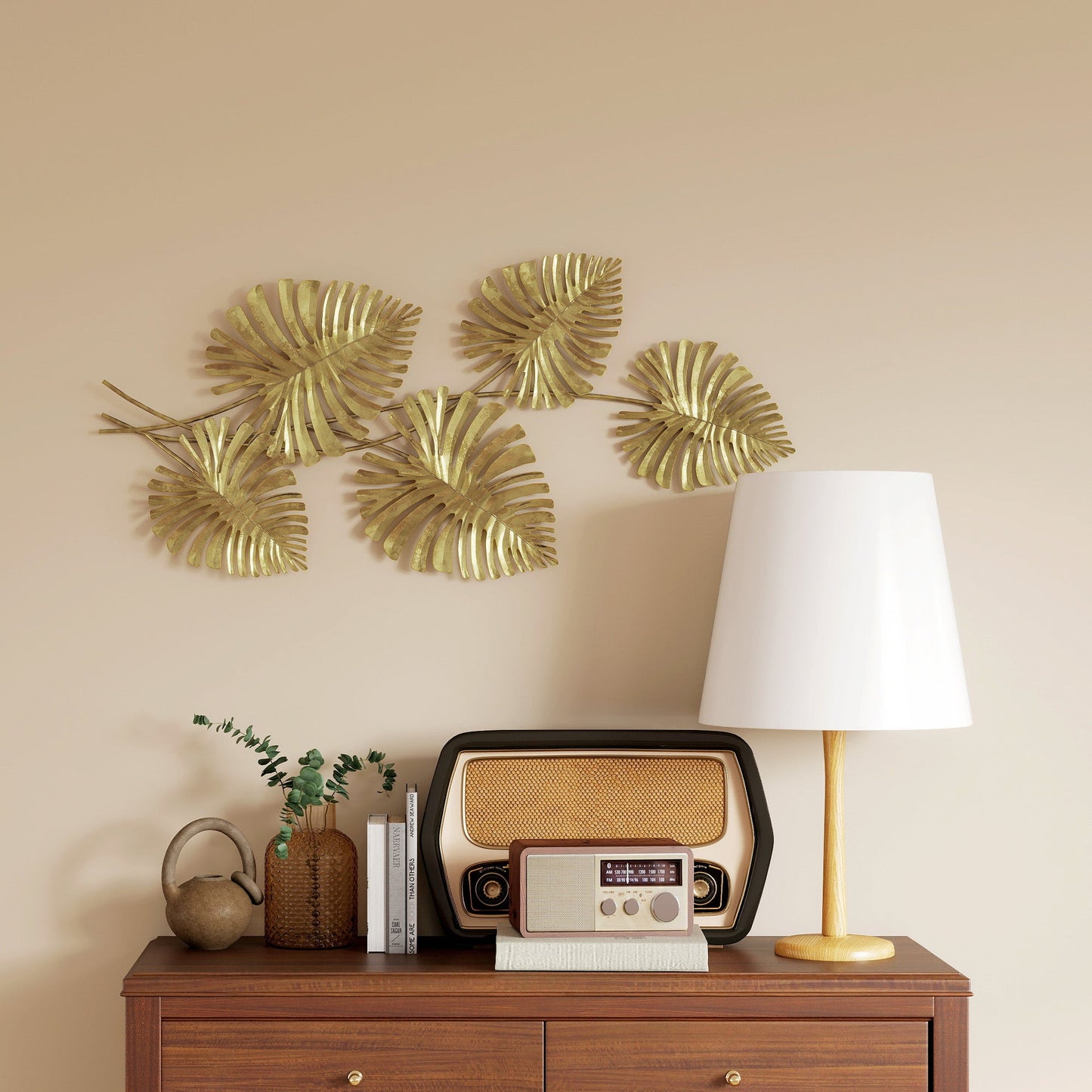 5-Leaf Monstera Wall Art in Gold Metal with Mounting Hardware Included, 83 x 2.5 x 39 cm