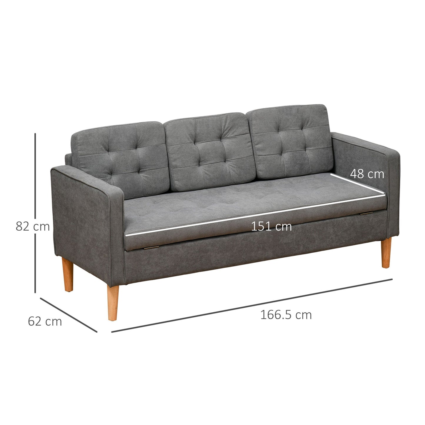SELLY | 3 Seater Sofa in Grey fabric with Storage Compartment