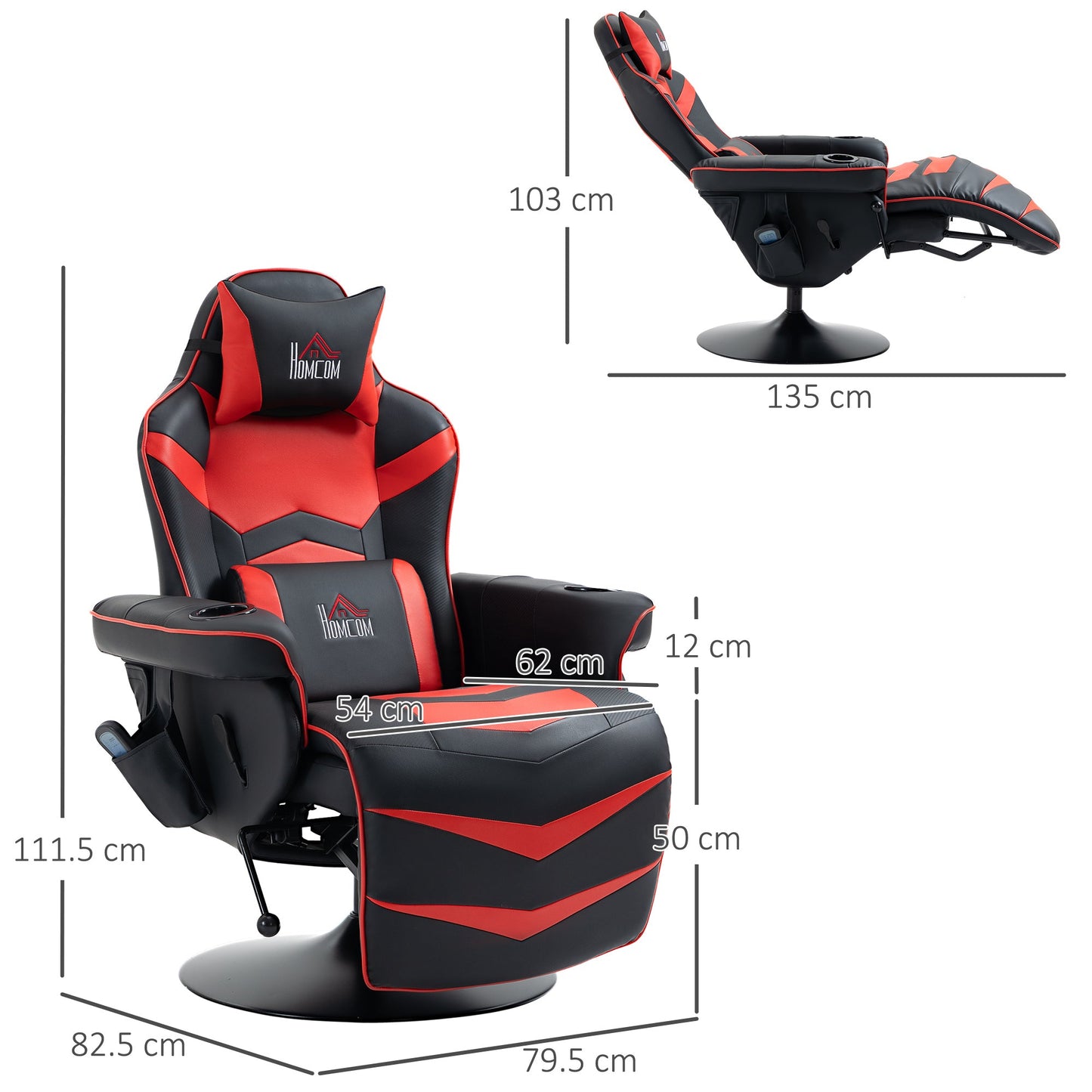 Gaming Chair with Massage, Footrest and Cushion, Faux Leather, 79.5 x 82.5 x 111.5 cm, Black and Red