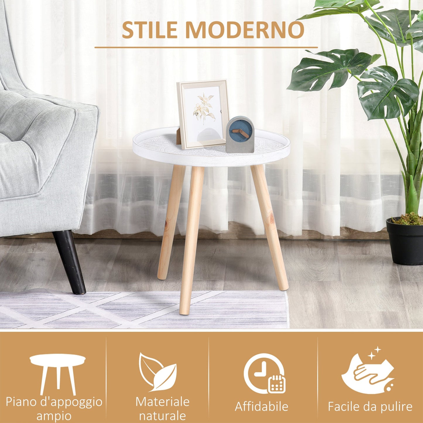 Round Coffee Table with Raised Edge, Wooden, Φ40x40.5cm - White and Gold