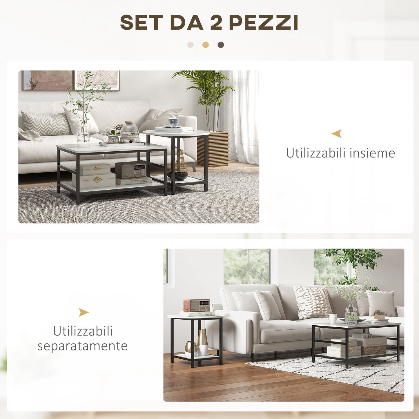 2-Tier Coffee Tables Set in Chipboard and Steel with Marble Effect Top, Black and White