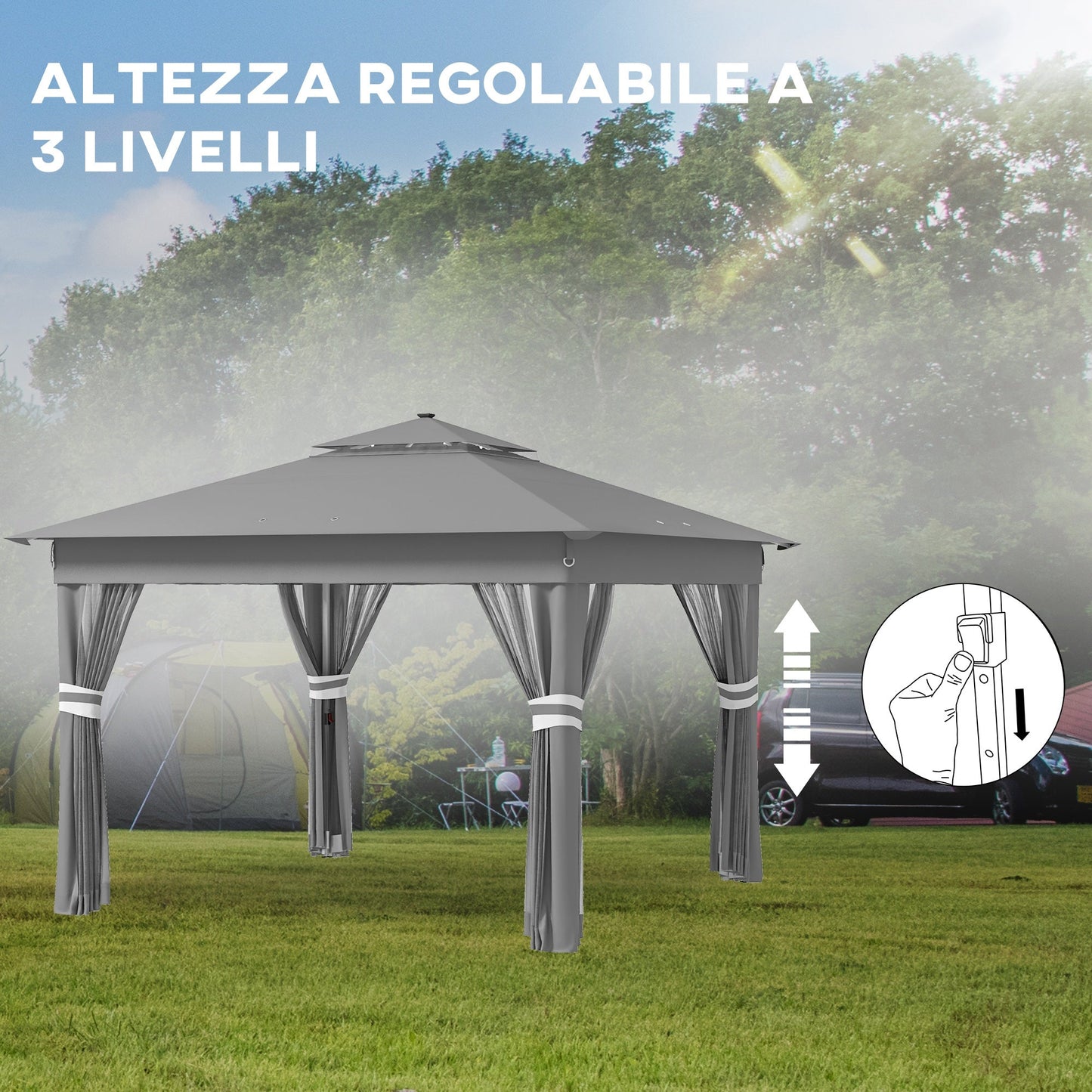 Adjustable Height Garden Gazebo with LED Lights, in Steel and Oxford Fabric, 336x336x250-270 cm, Grey