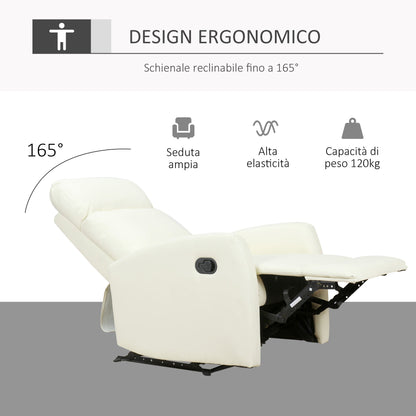 165° Reclining Relax Chair with Adjustable Footrest Ergonomic PU Leather, 65 × 92 × 100cm Cream
