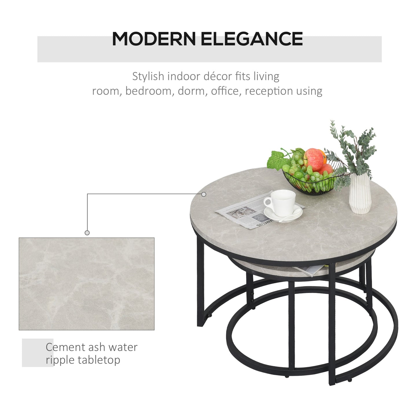Set of 2 Round Nesting Coffee Tables in Metal and MDF with Marble Effect, Grey and Black