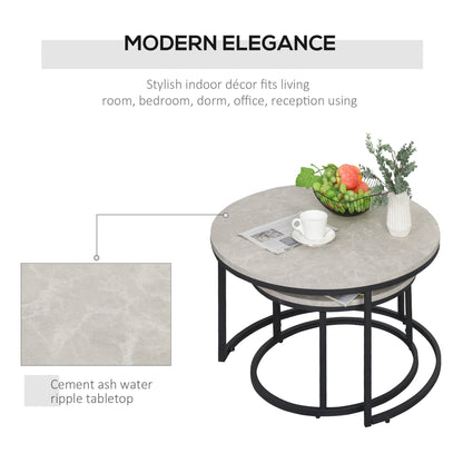 Set of 2 Round Nesting Coffee Tables in Metal and MDF with Marble Effect, Grey and Black