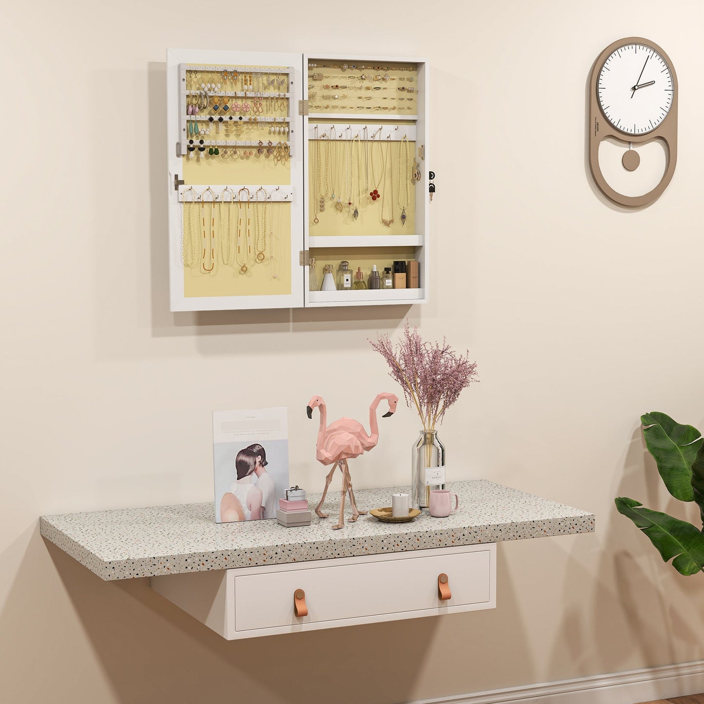 Wall-Mounted Mirrored Jewelry Cabinet with 2 Security Keys, Wooden, 36.5 x 9.5 x 67 cm, White