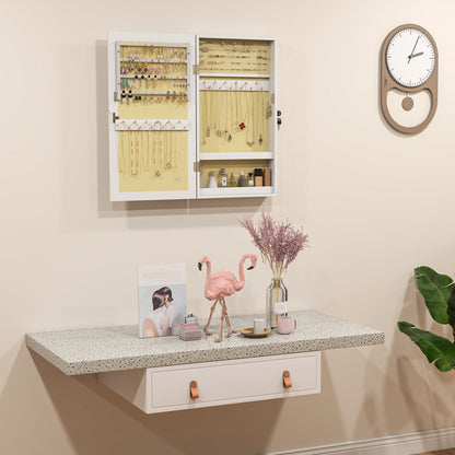 Wall-Mounted Mirrored Jewelry Cabinet with 2 Security Keys, Wooden, 36.5 x 9.5 x 67 cm, White