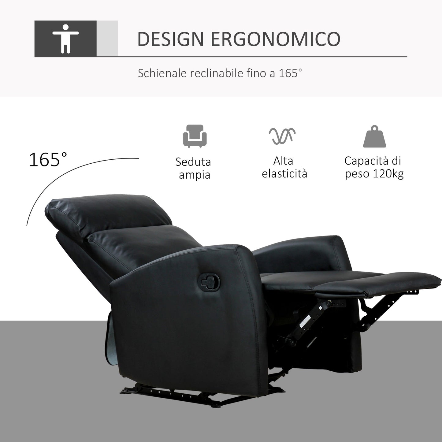 Reclining Relax Chair, Adjustable and Ergonomic, PU Leather with Padding, for Home and Office, 65x92x100 cm, Black