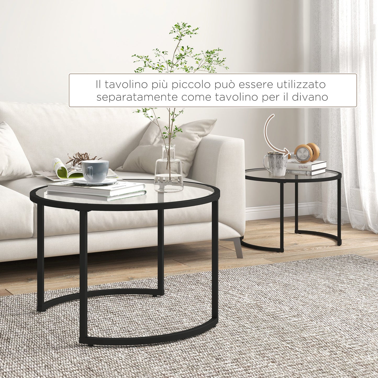 Set of 2 Nesting Glass and Steel Coffee Tables, Ø70 x 47.5 cm and Ø54 x 42.5 cm, Black